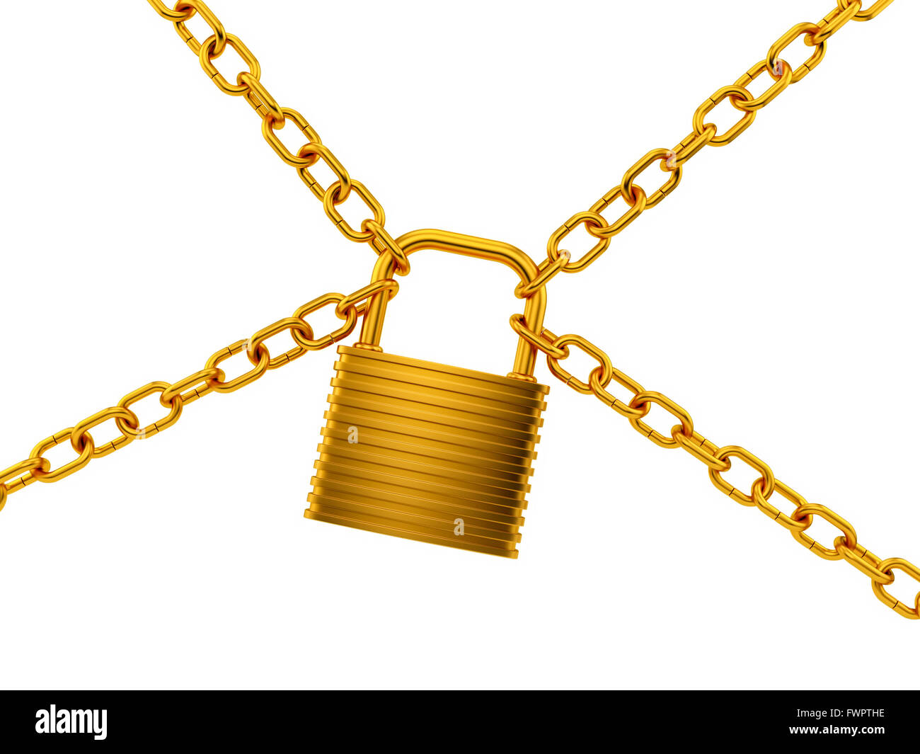 render of a golden lock with chains, isolated on white Stock Photo Alamy