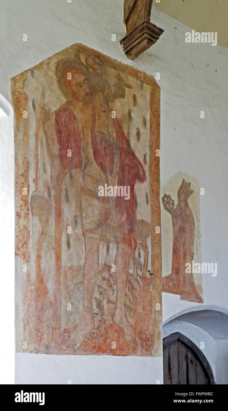 A view of discovered medieval wall paintings in the church of St Margaret at Hardley, Norfolk, England, United Kingdom. Stock Photo