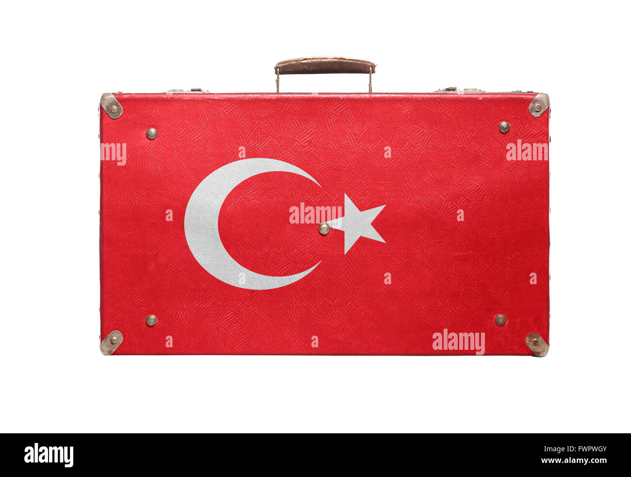Vintage travel bag with flag of Turkey isolated on white background. Stock Photo