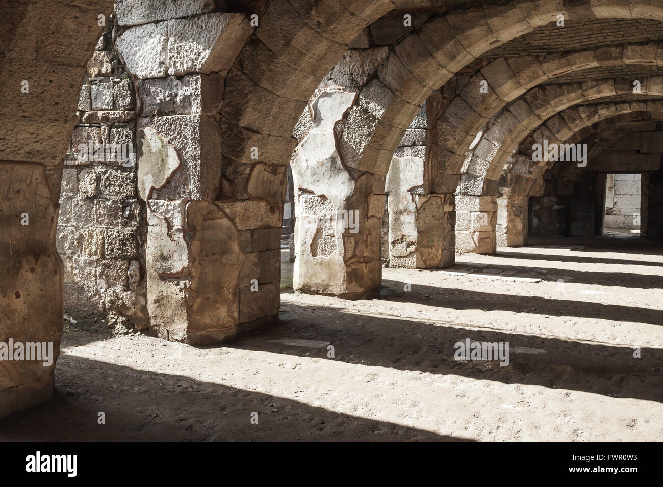 Empty stone arcade with columns. Ruins of Ancient city Smyrna. Izmir
