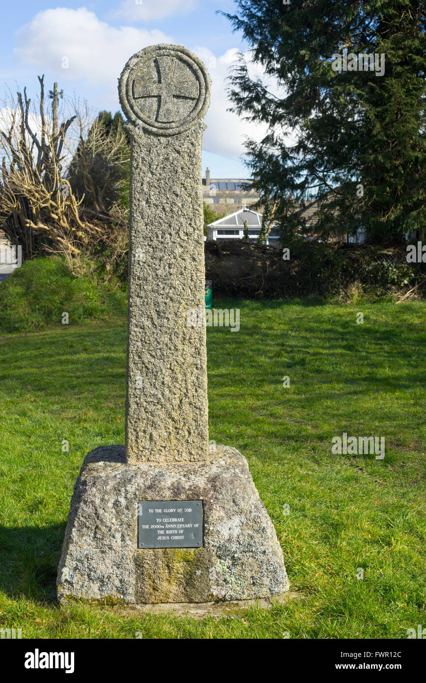 Cornish stone cross symbol to commemorate the millennium in 2000, Trevillis Park Liskeard, Cornwall England UK. Stock Photo