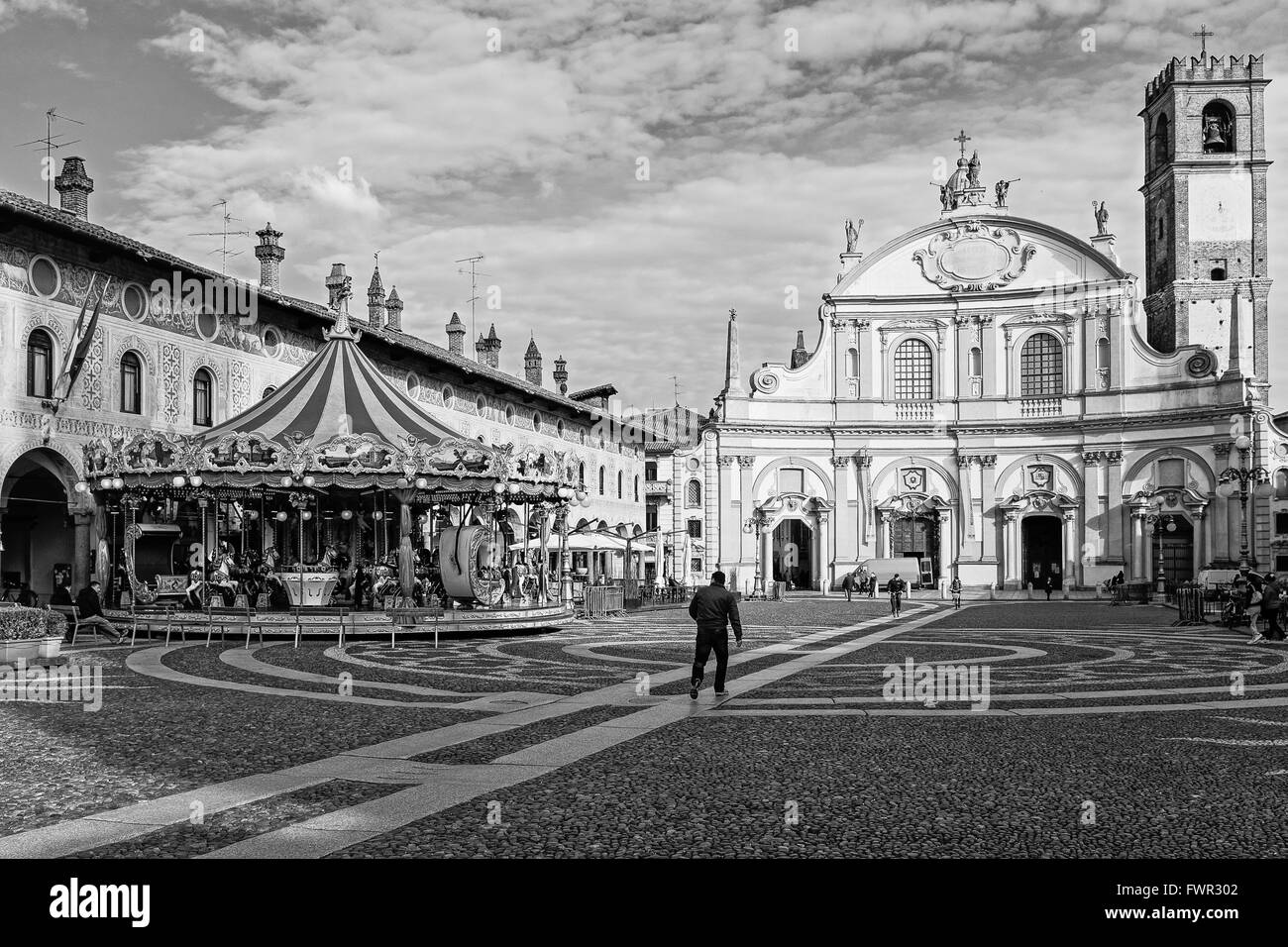 Monochrome picture of the Ducal Square - Vigevano Stock Photo