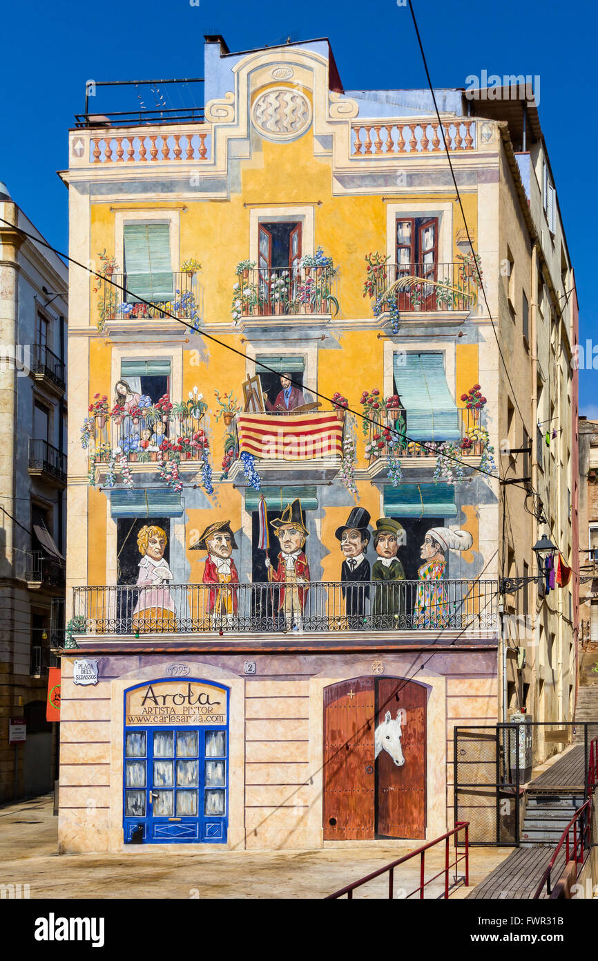 Painted house in Tarragona, with a colourful decoration Stock Photo