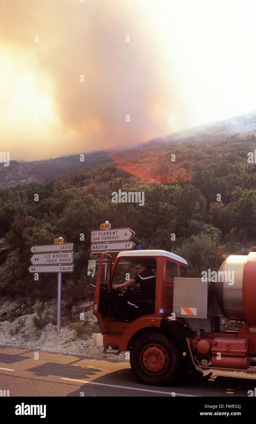 Bush fire near St Florent Corsica Stock Photo