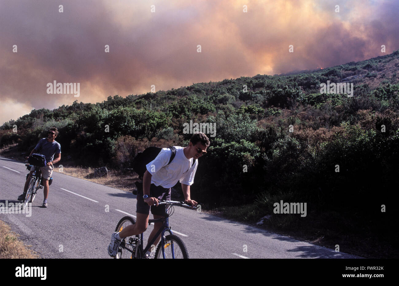 Bush fire near St. Florent Corsica Stock Photo