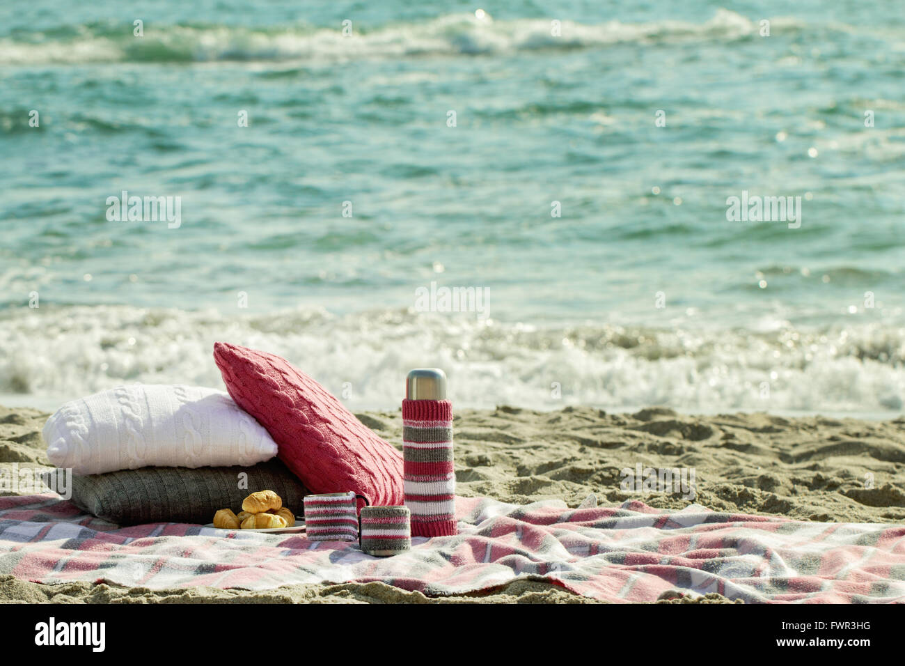 Breakfast On The Beach Coffee And Croissants On The Sea Pillows