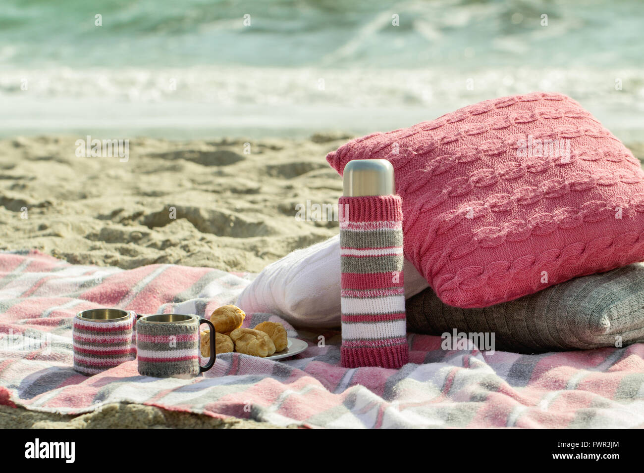 Breakfast On The Beach Coffee And Croissants On The Sea Pillows