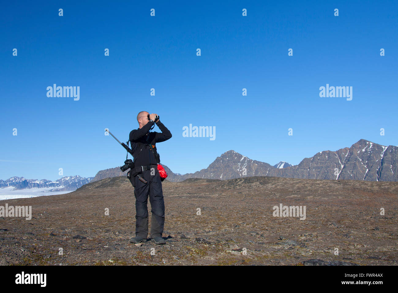 Polar bear guard armed with rifle looking for polar bears through binoculars, Svalbard, Norway Stock Photo