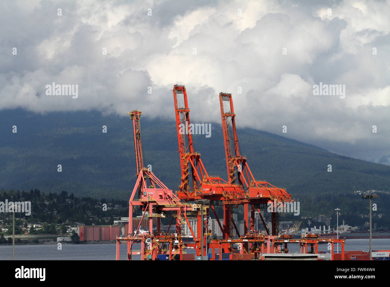 Container cranes sits in the port of Vancouver B.C., on Saturday May 23