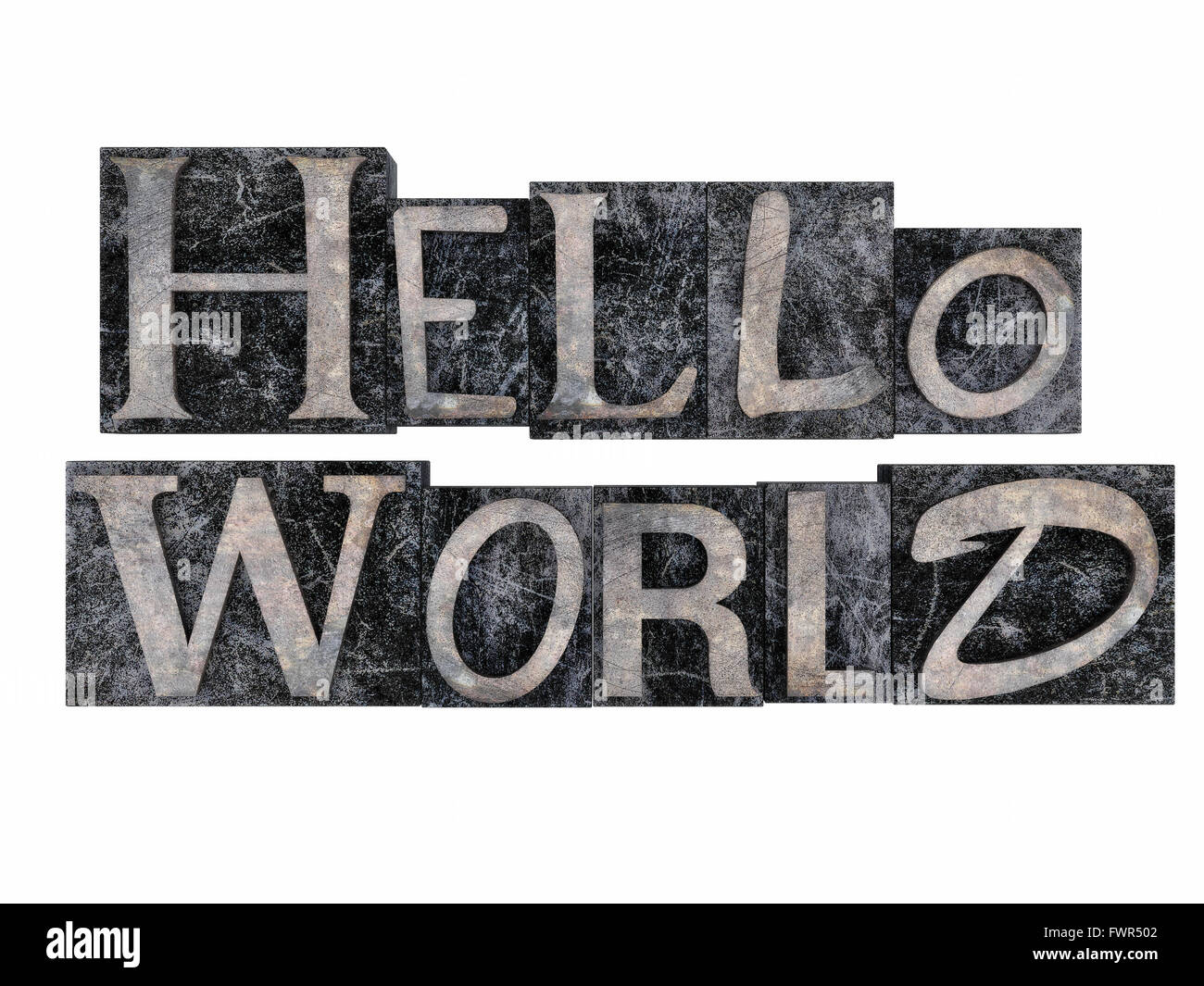 Hello world metal letter stamp isolated on a white background. Stock Photo