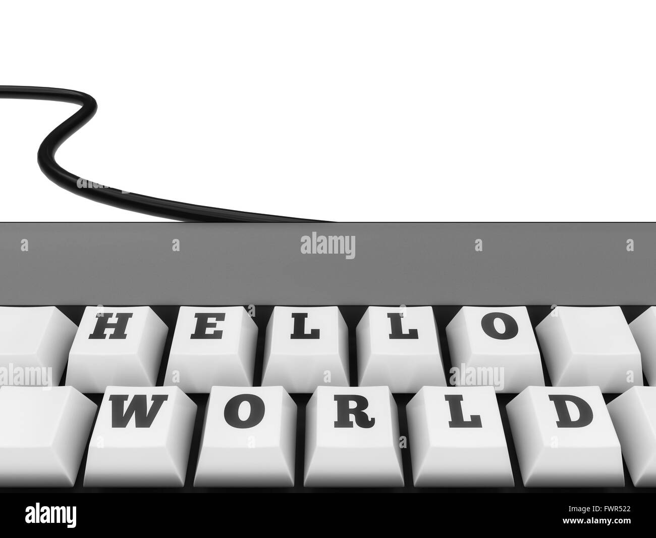 Hello World Keys on otherwise blank keyboard isolated on a white background. Stock Photo