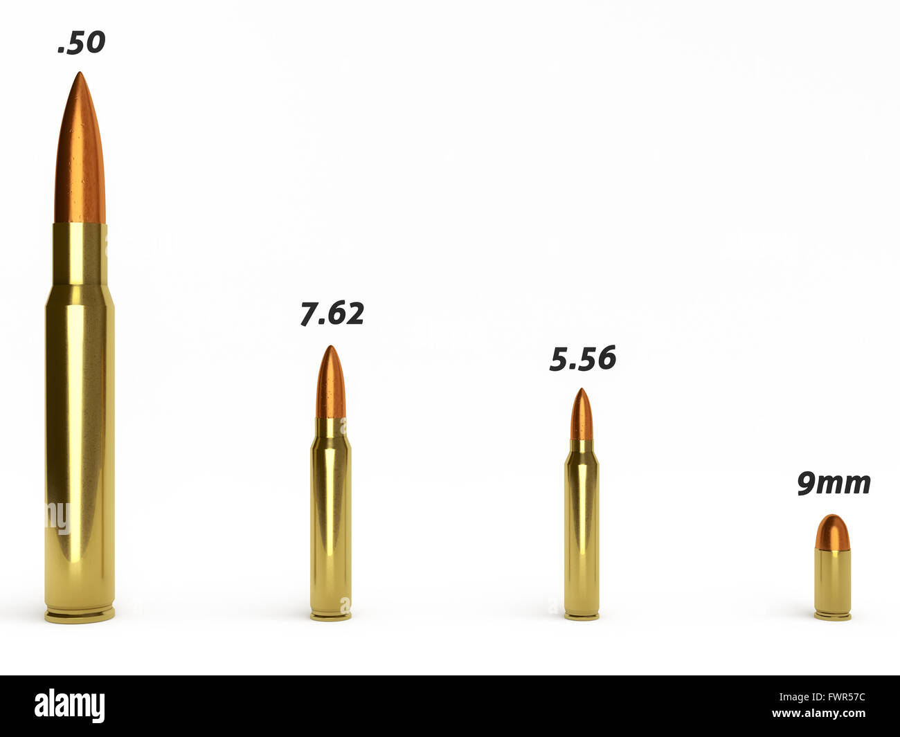 Several different calibers of ammunition isolated on a white background