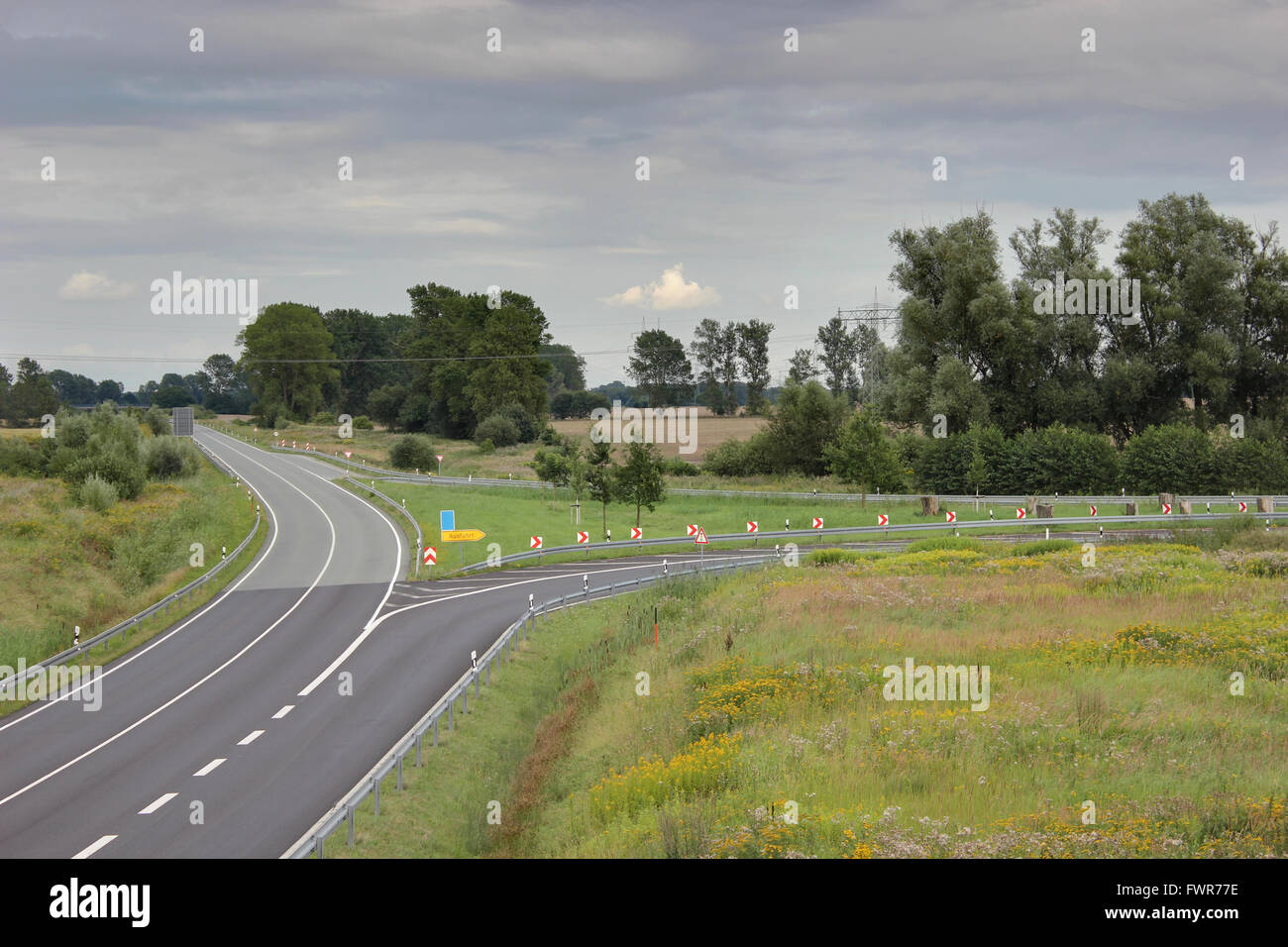 Federal highway (Bundesstrasse) in Mecklenburg-Vorpommern. The sign says 'Ausfahrt' = exit. Stock Photo