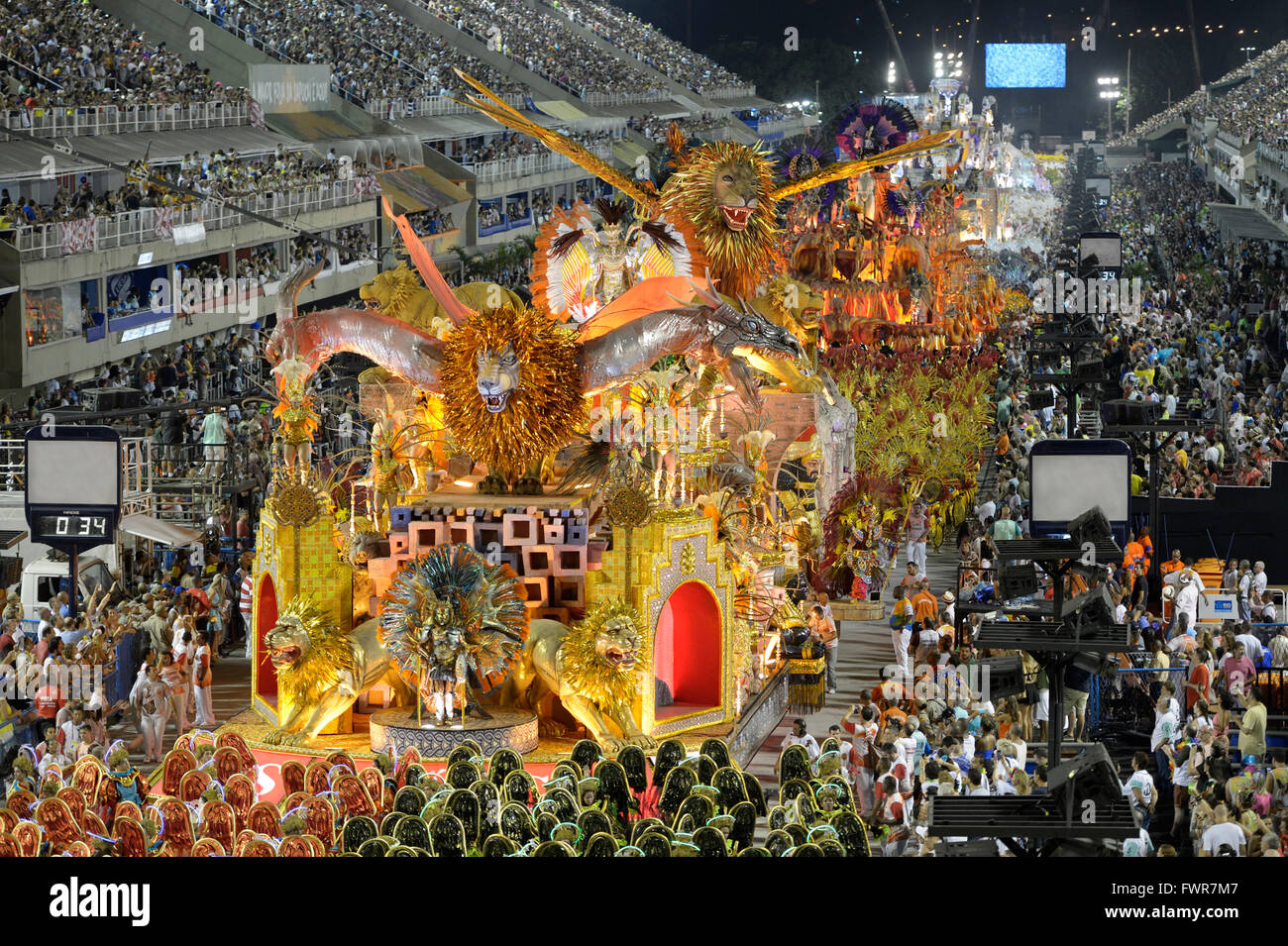 Parade of the Estacio de Sá samba school with allegories float through the Sambodromo Carnival 2016 Rio de Janeiro, Brazil Stock Photo