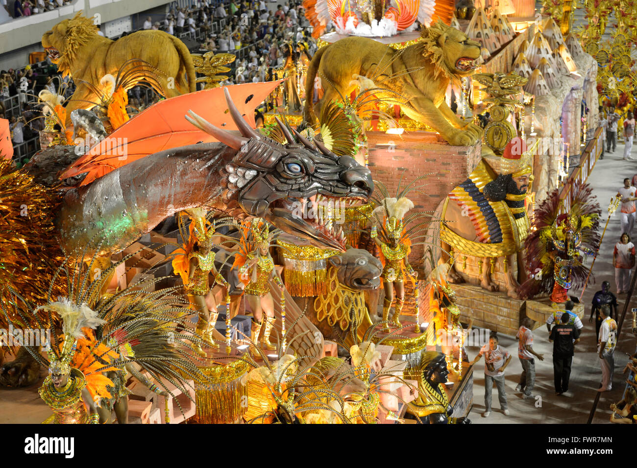 Allegories float with wild mythical creatures, dragons and lions, parade of the samba school Estacio de Sá Stock Photo