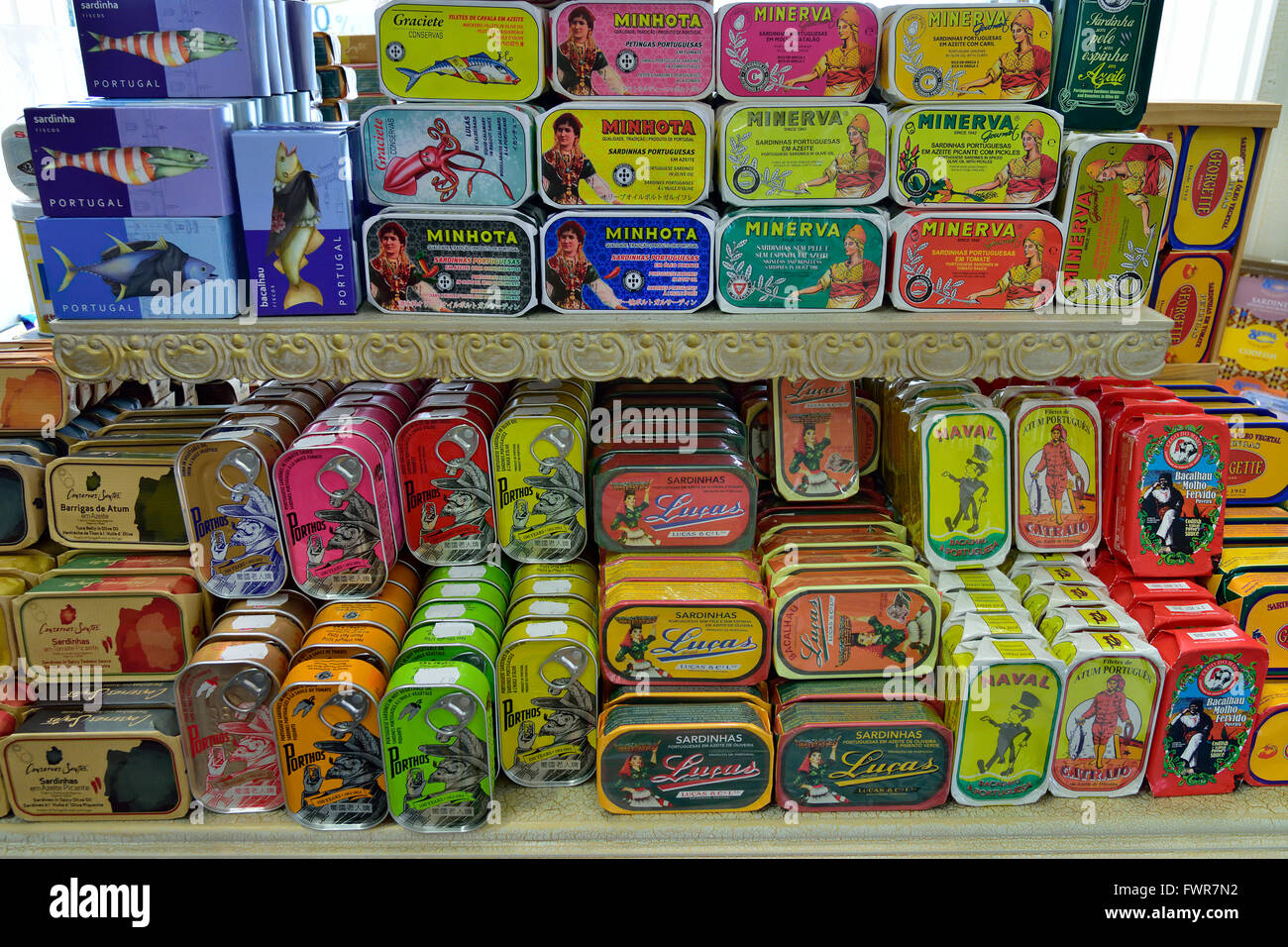 Colorful assortment of canned fish, Lisbon, Portugal Stock Photo