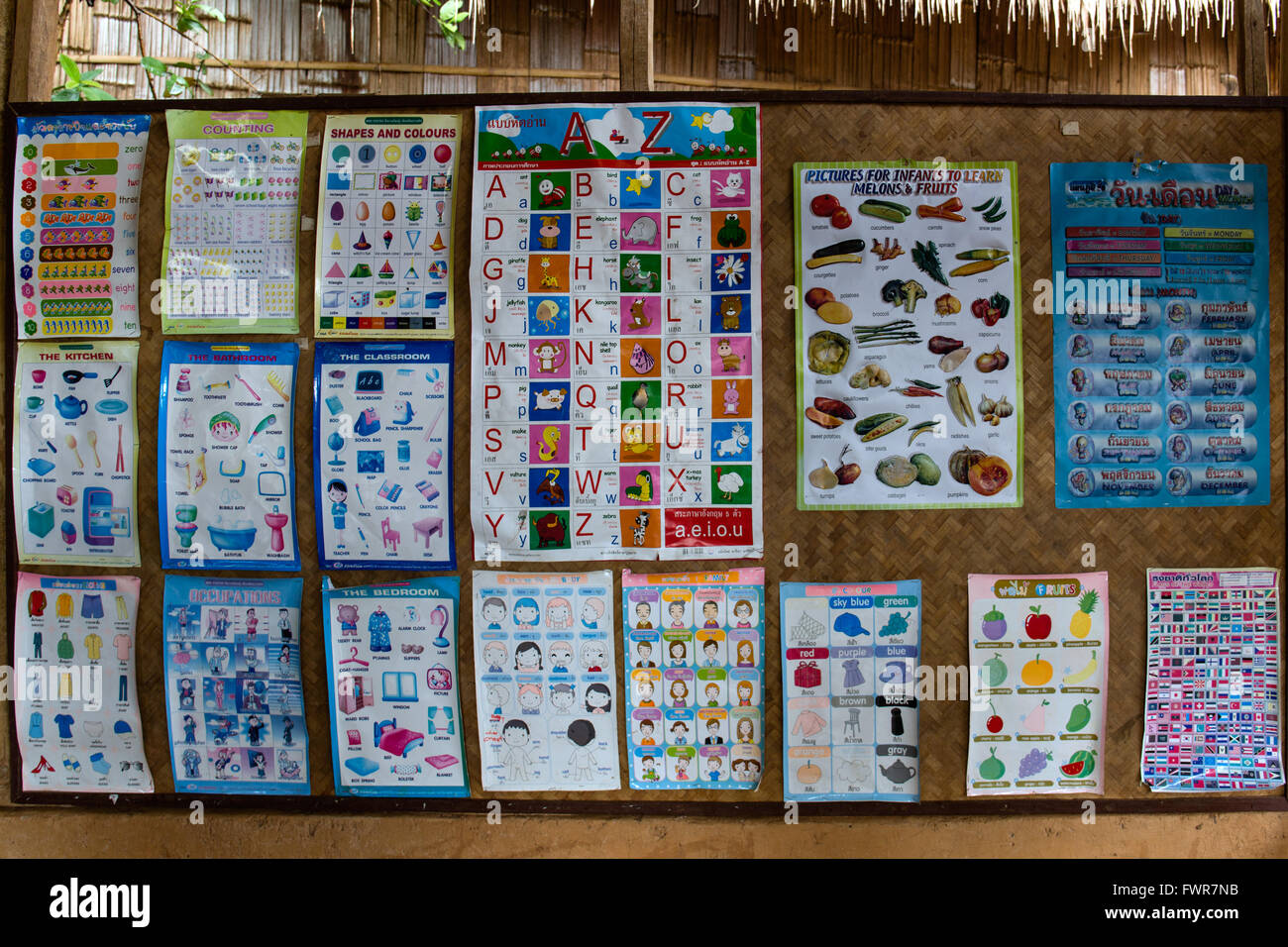 Picture panels in front of a school for children from the hill tribes, Chiang Rai Province, Northern Thailand, Thailand Stock Photo