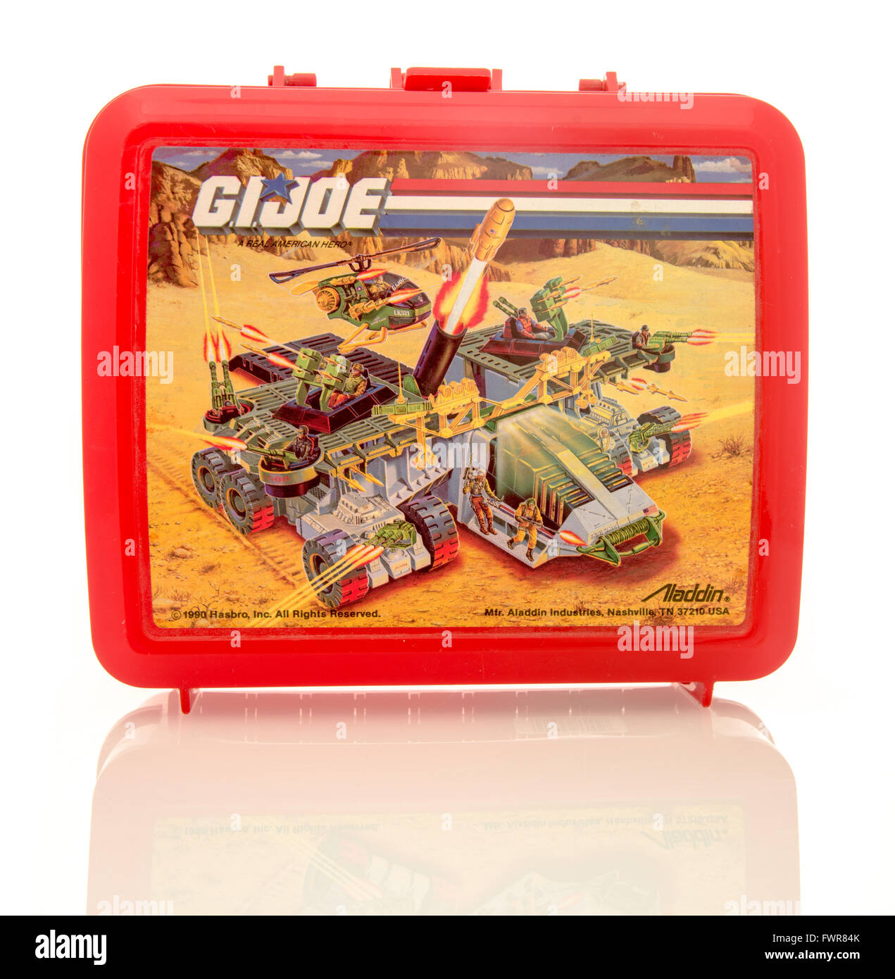 Winneconne, WI - 6 April 2016:  Plastic lunch box featuring G.I. Joe on an isolated background. Stock Photo