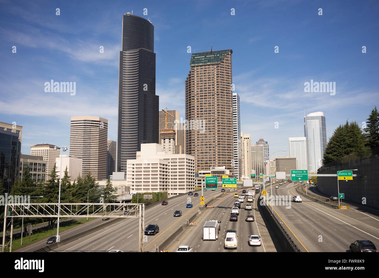 Downtown Seattle City Skyline Interstate 5 Cars Divided Highway Stock Photo