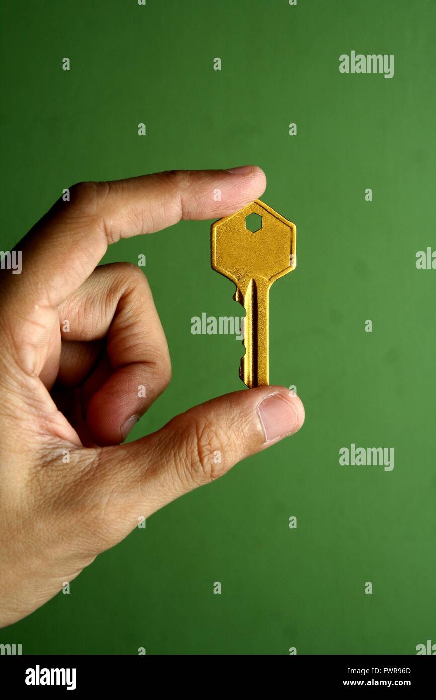 Golden key held in hand Stock Photo Alamy