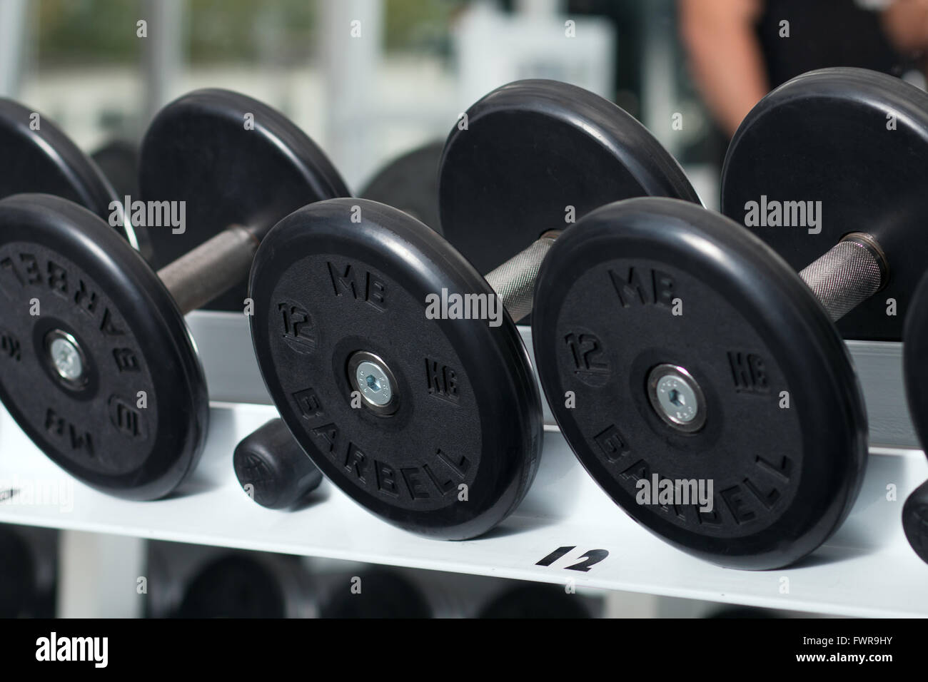 Close-up view of barbells organized in row on rack at gym Stock Photo