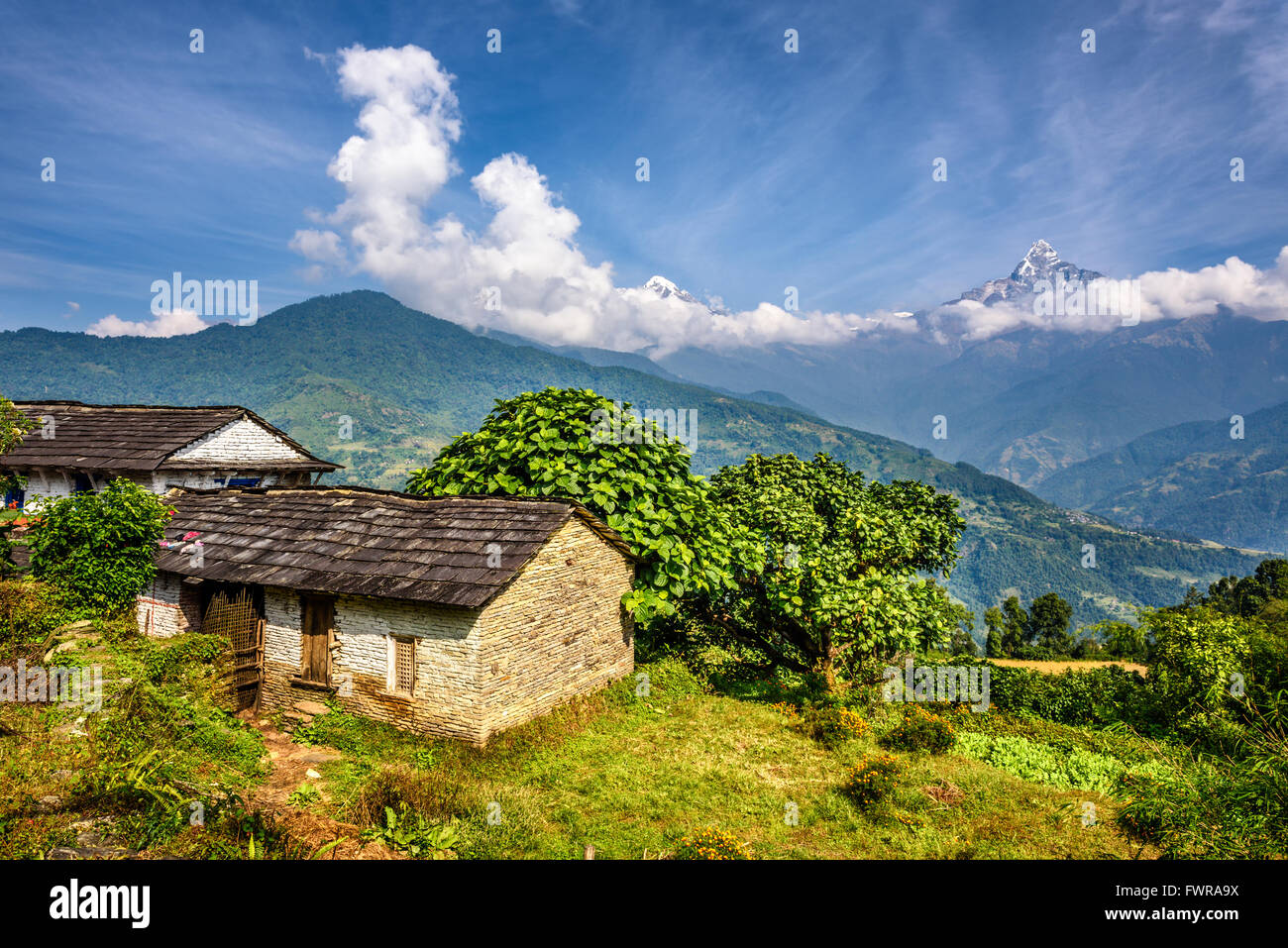 Nepalese village in the Himalaya mountains near Pokhara in Nepal Stock Photo