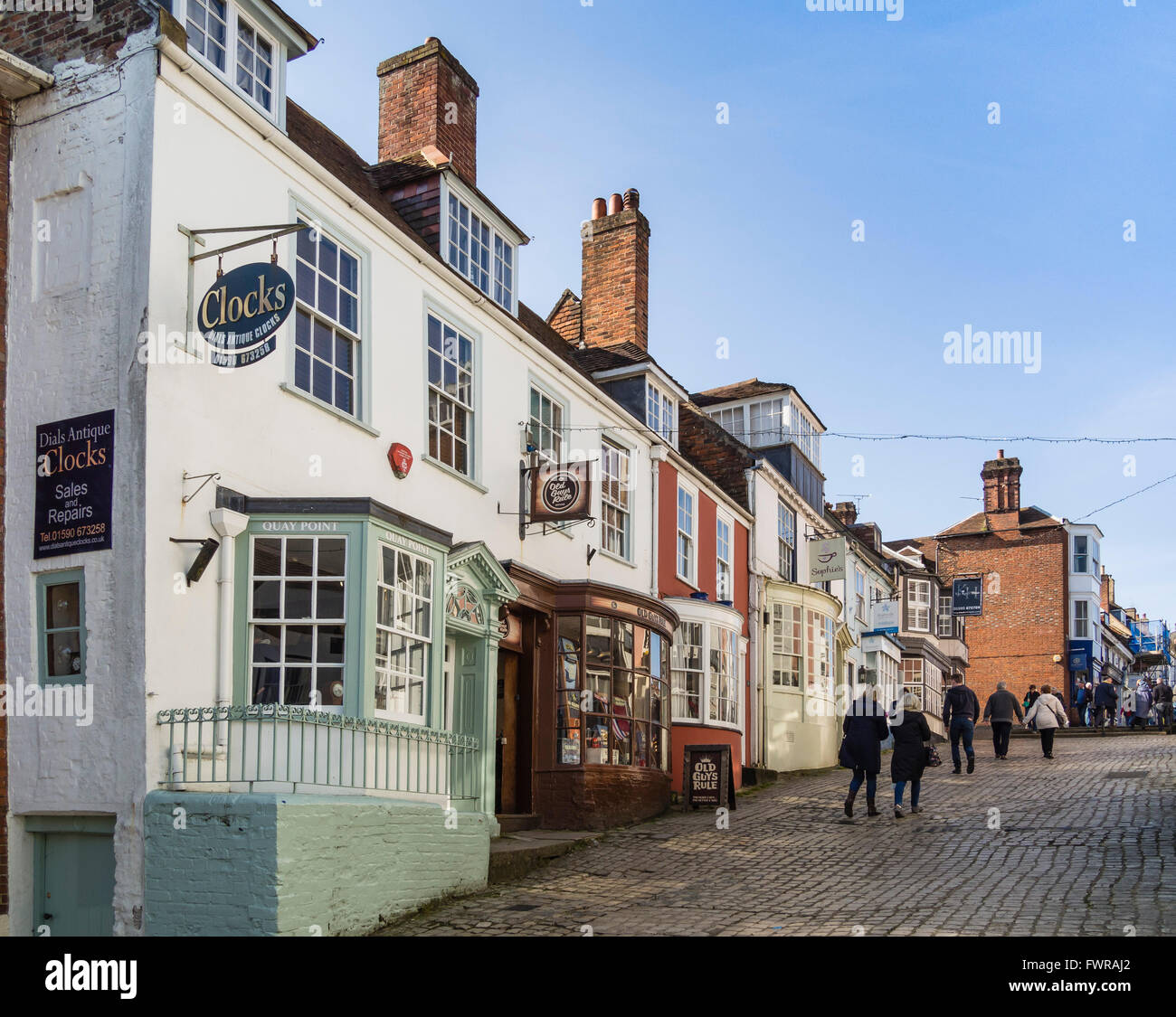 A cobbled street, Quay Hill, Lymington, Hampshire, England, UK Stock Photo