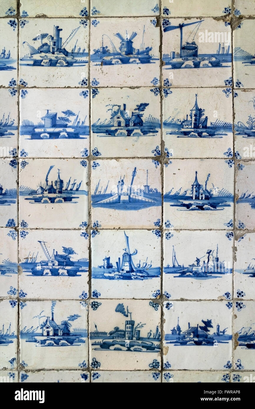Old blue and white tiles in the Steen Castle in Antwerp, Belgium Stock Photo