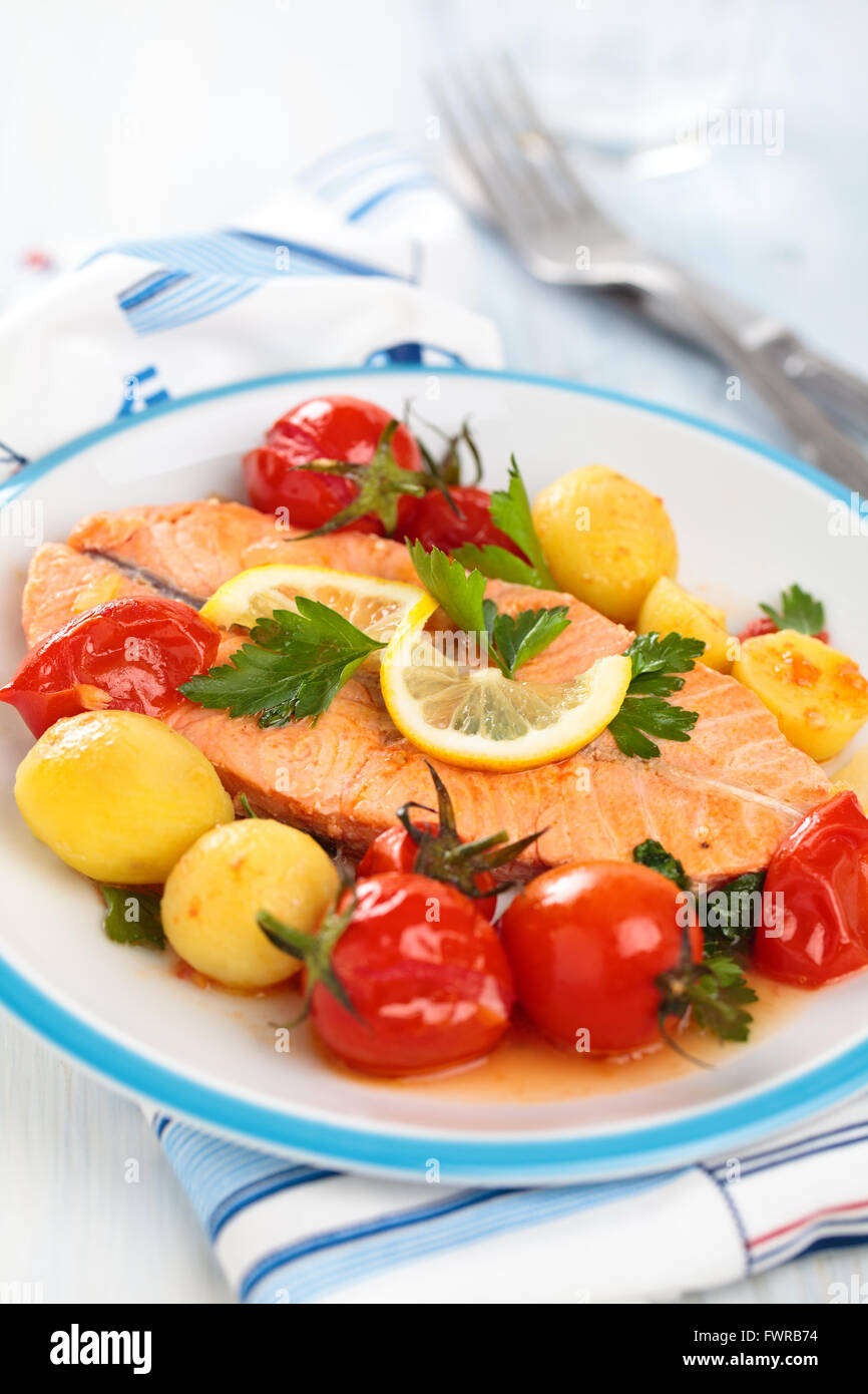 Fried salmon steak Stock Photo - Alamy