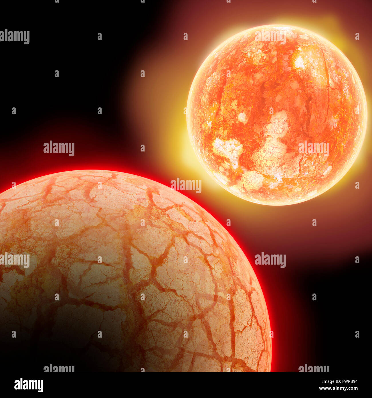 Desert planet and red-hot sun in space Stock Photo