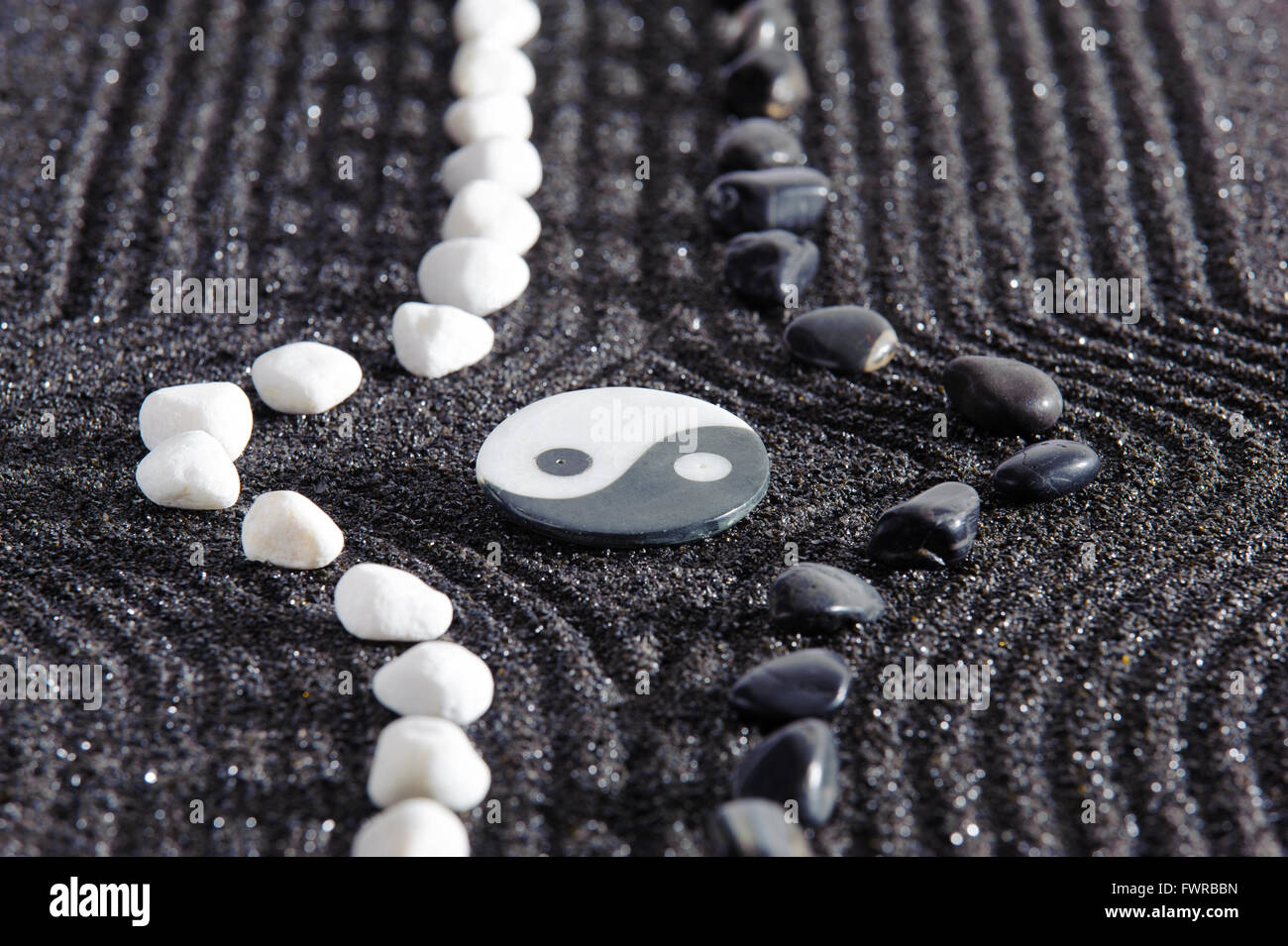 Japanese ZEN garden with yin and yang stone in raked sand Stock Photo