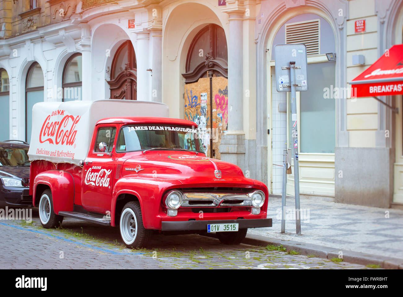 PRAGUE, CZECH REPUBLIC - AUGUST 25, 2015: Old Ford car on the main street near the Old Town Square of Prague, Czech Republic Stock Photo