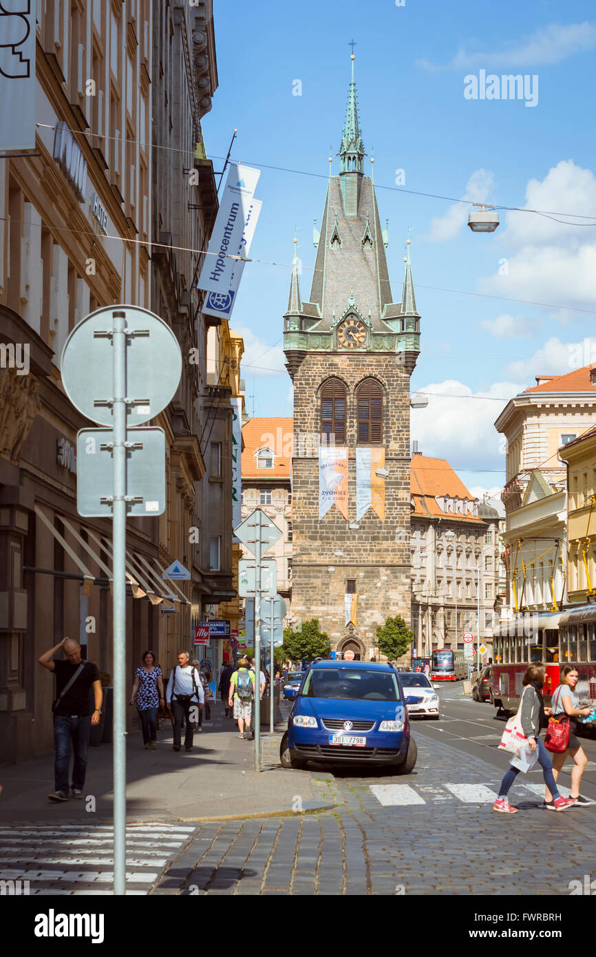 PRAGUE, CZECH REPUBLIC - AUGUST 25, 2015: Powder Tower and Municipal House with unidentified people. Prague, Czech Republic Stock Photo