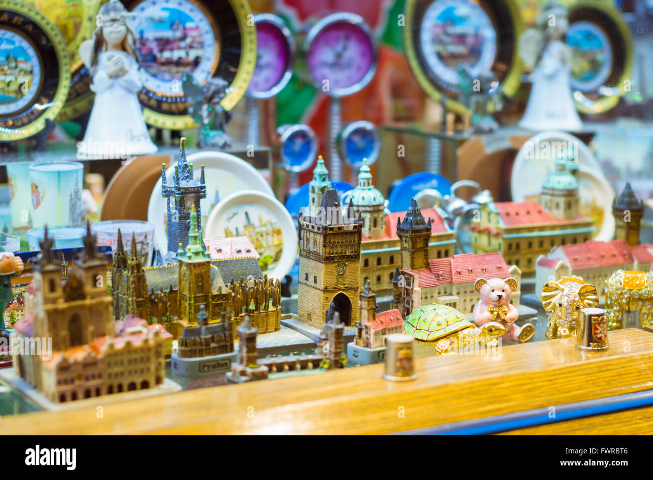 PRAGUE, CZECH REPUBLIC - AUGUST 25, 2015: Souvenirs and decorative buildings and castles on the shelf of the gift shop, Prague Stock Photo