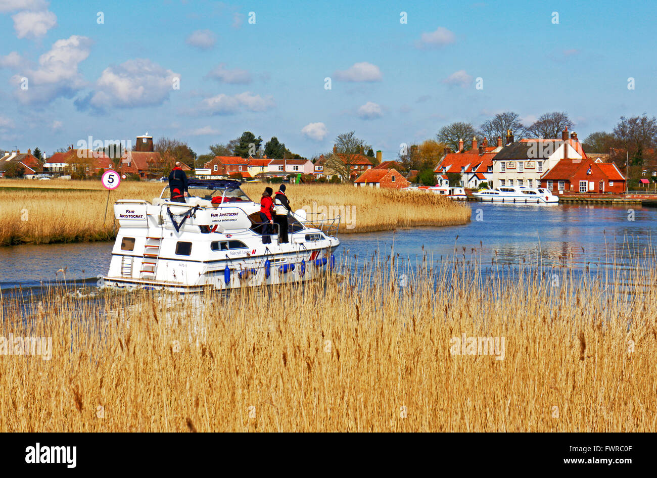 A Broads cruiser approaching Stokesby on the River Bure on the Norfolk Broads, England, United Kingdom. Stock Photo