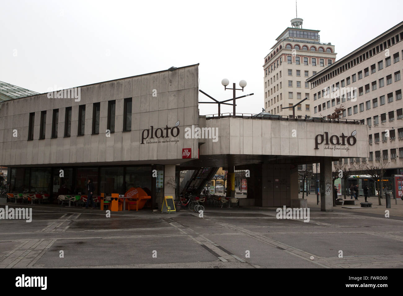 Plato restaurant and cafe in Ljubljana, Slovenia. The building stands close to the Old Town. Stock Photo