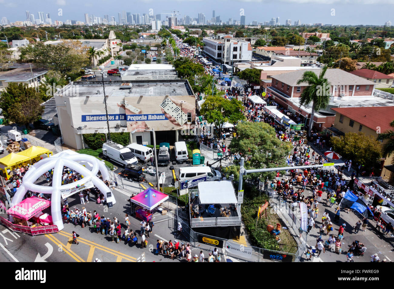 Miami Florida,Little Havana,Calle Ocho,annual street festival,Hispanic crowd,city skyline,FL160324110 Stock Photo