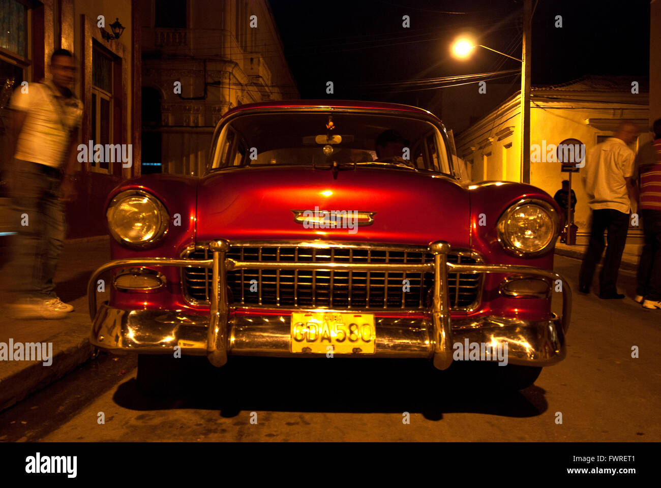 Oldimer Chevrolet car, night, town Mazanilo, Prov. Granma. Cuba Stock Photo