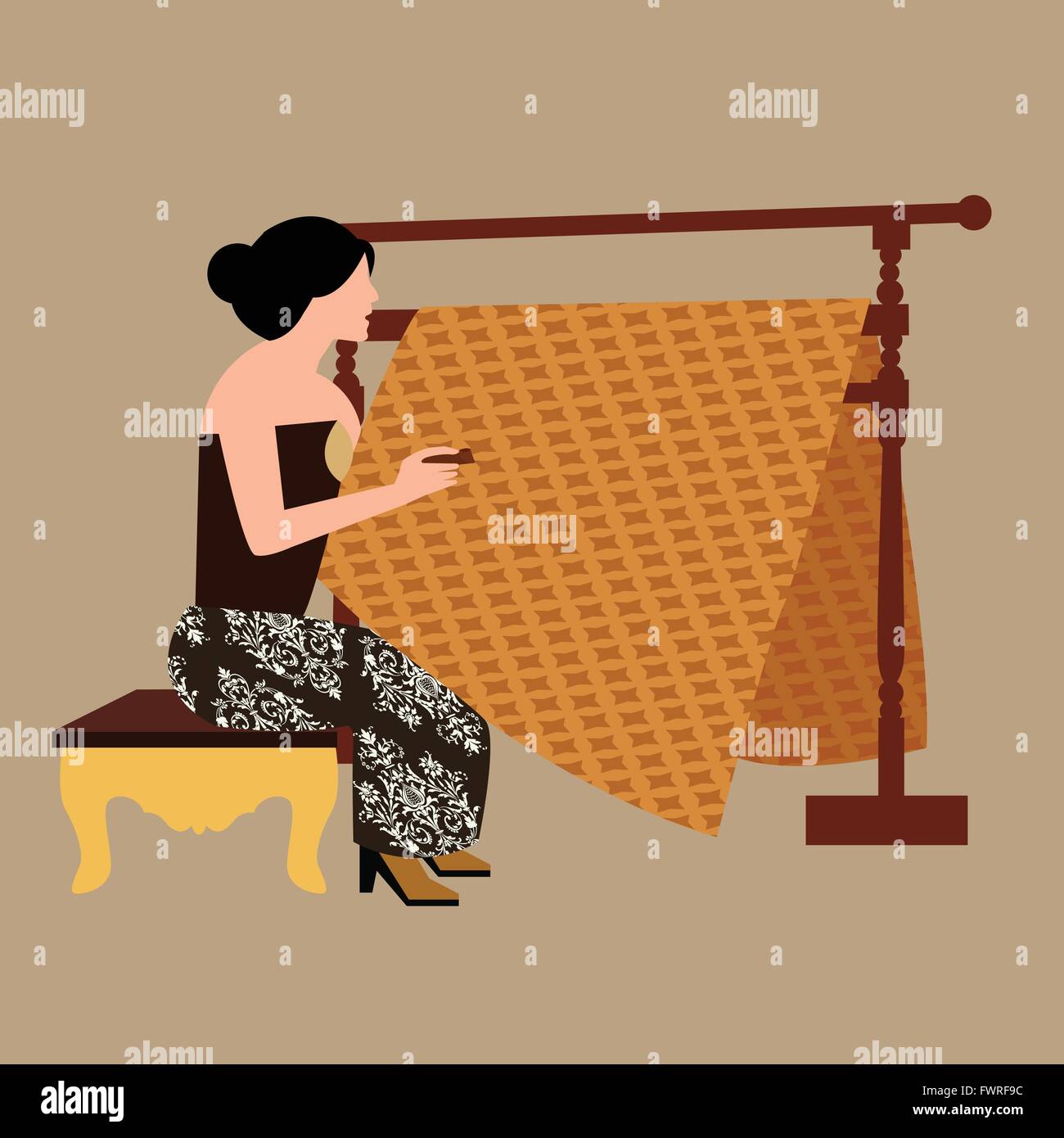 javanese woman girl drawing create batikholding canting traditional indonesia clothes fabric textile Stock Vector