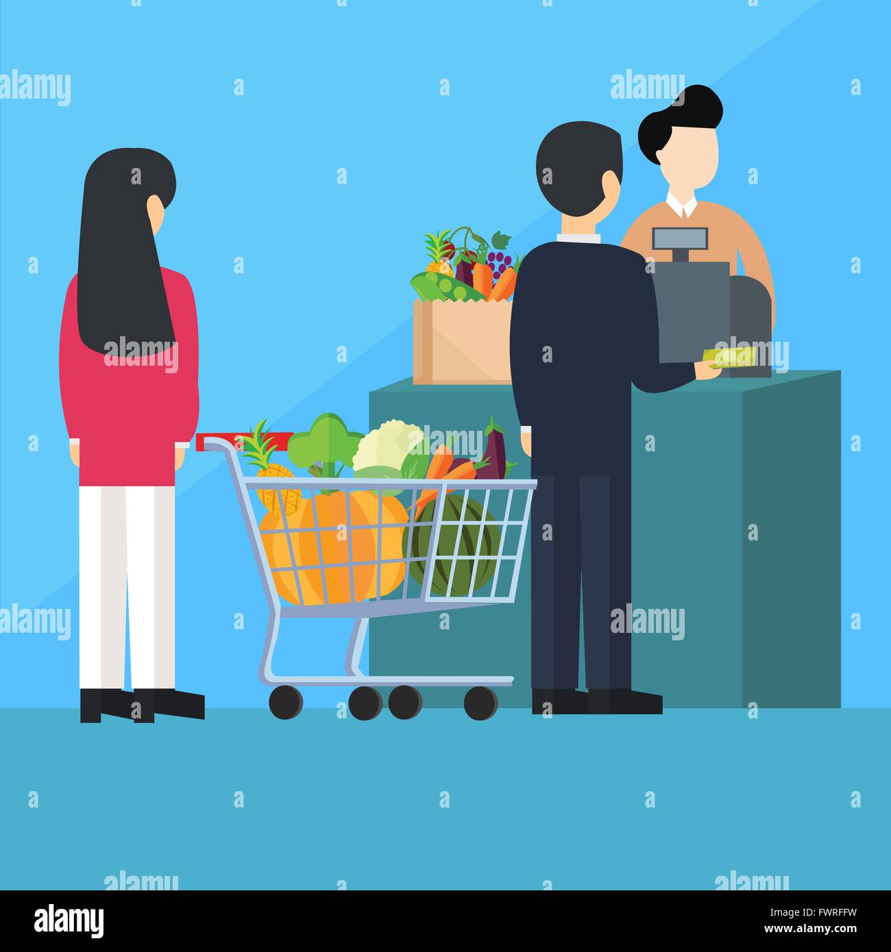 waiting inline queue pay cashier grocery shopping Stock Vector