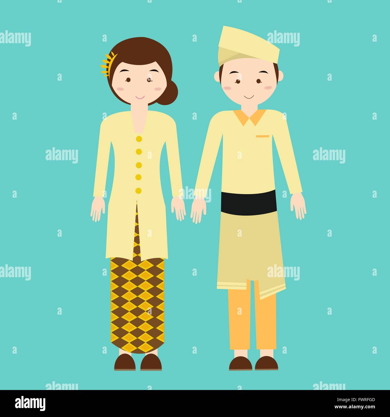 couple wear malaysia malaysian traditional clothes vector drawing Stock