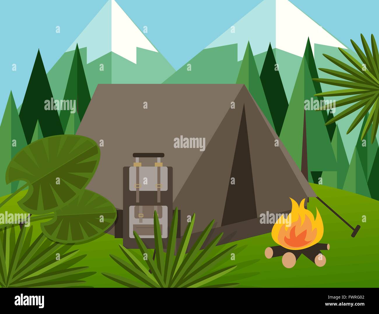 camp forest mountain flat background illustration pine tree backpack fire jungle vector graphic Stock Vector
