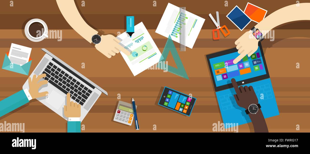 desk collaboration working together table computer Stock Vector