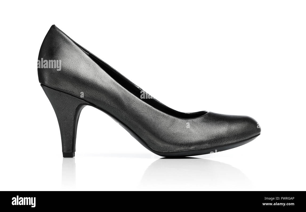 Ladies dark grey pump shoe isolated on white with reflection. Stock Photo