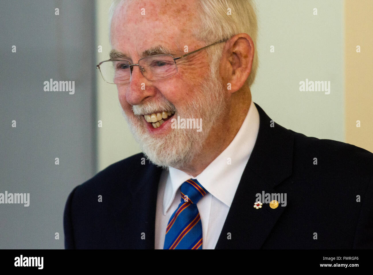 Nobel prize co-winner in physics Arthur McDonald speaks at Queen's University in Kingston, Ont., on March 11, 2016. Stock Photo