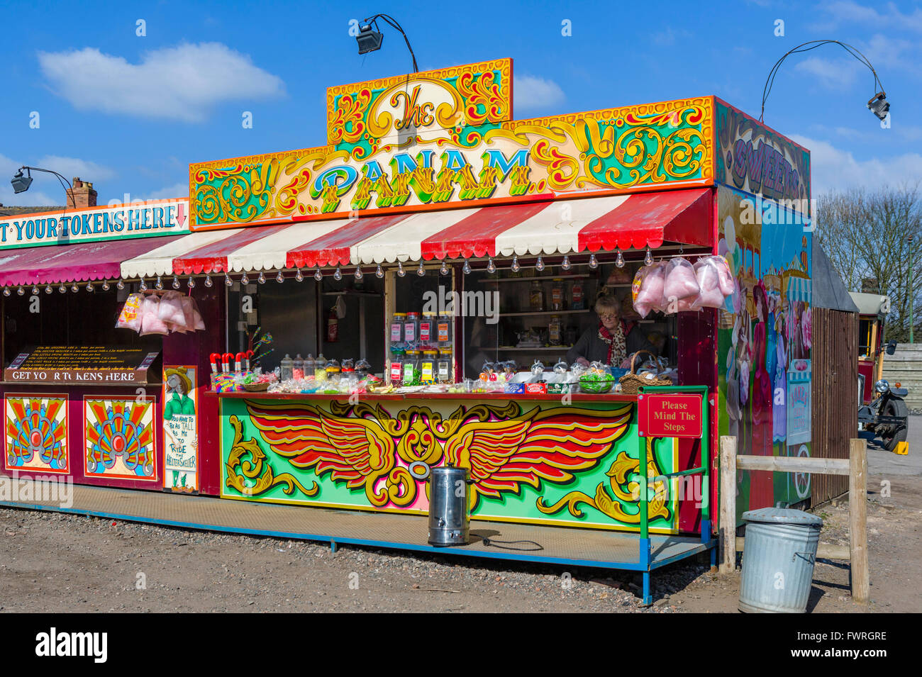 Colourful booth in the 1930s Fairground, Black Country Living Museum, Dudley, West Midlands, UK Stock Photo