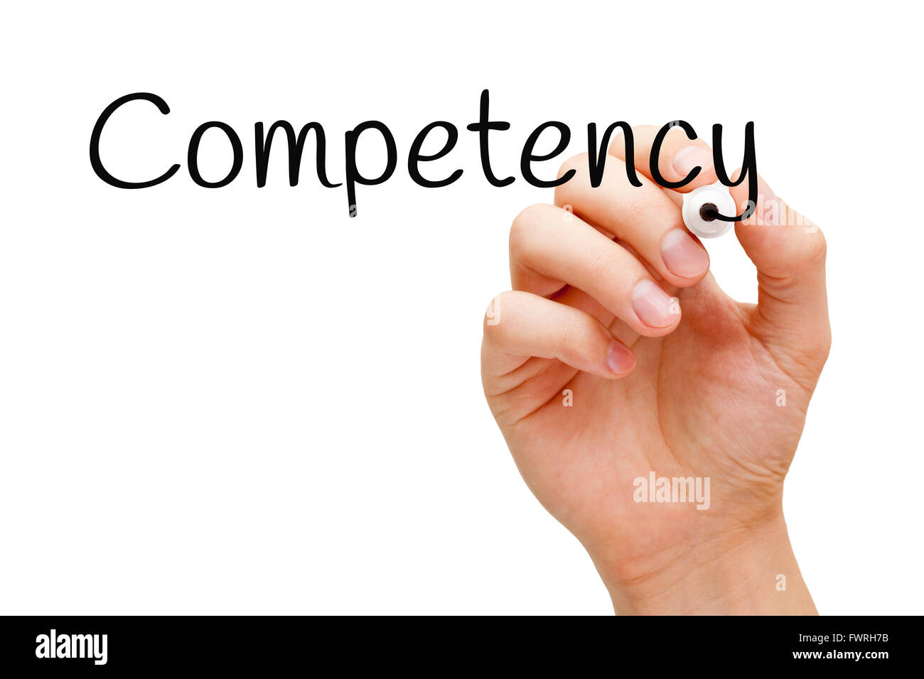 Hand writing Competency with black marker on transparent wipe board. Stock Photo