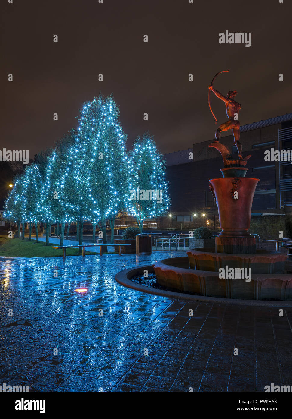 Christmas lights illuminating the Coronation Gardens in Dudley town