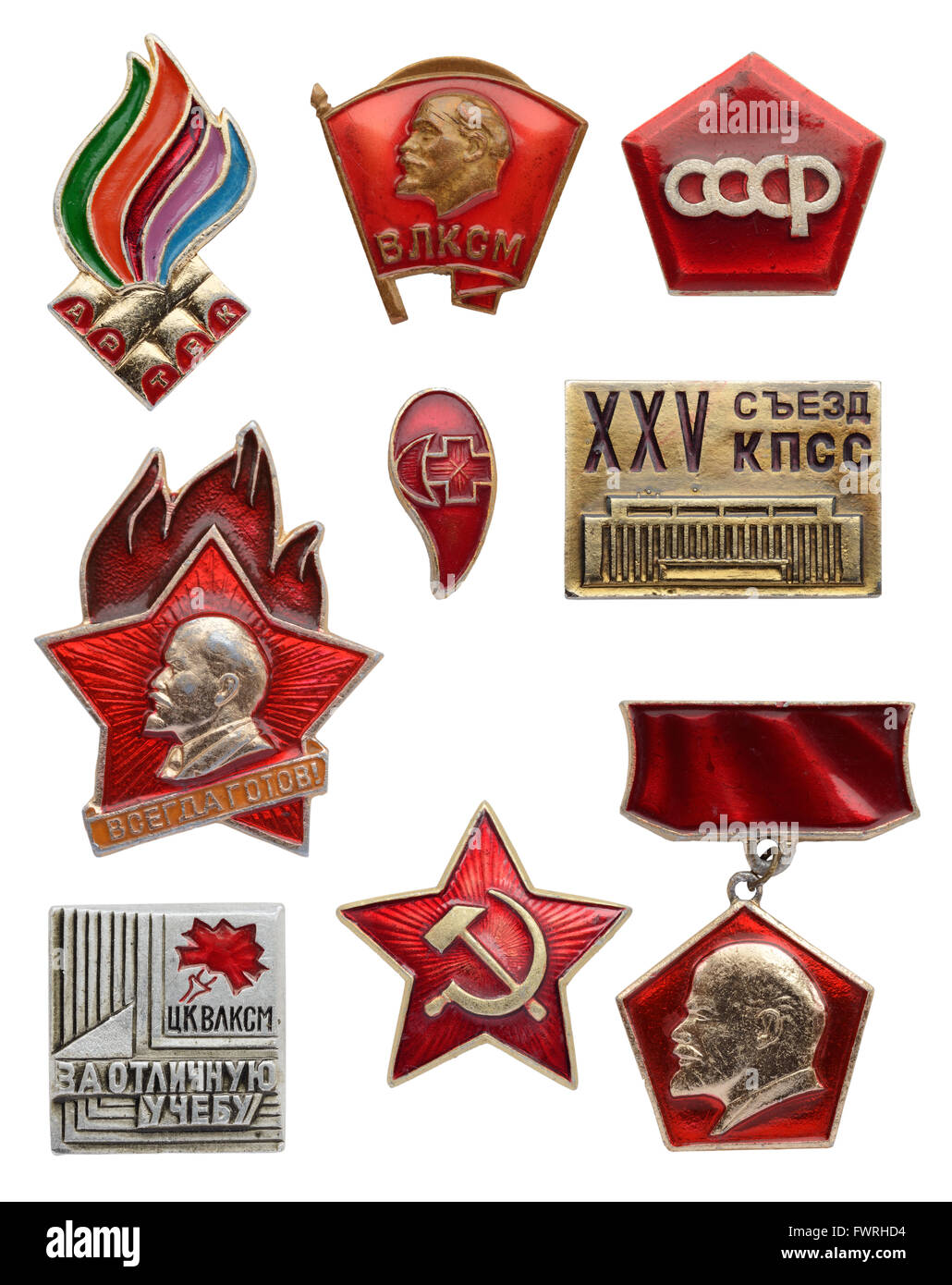 Collection of the Soviet communistic badges isolated on white Stock ...