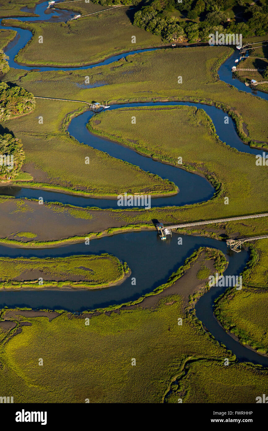 Aerial view of the marsh of James Island in Charleston, South Carolina